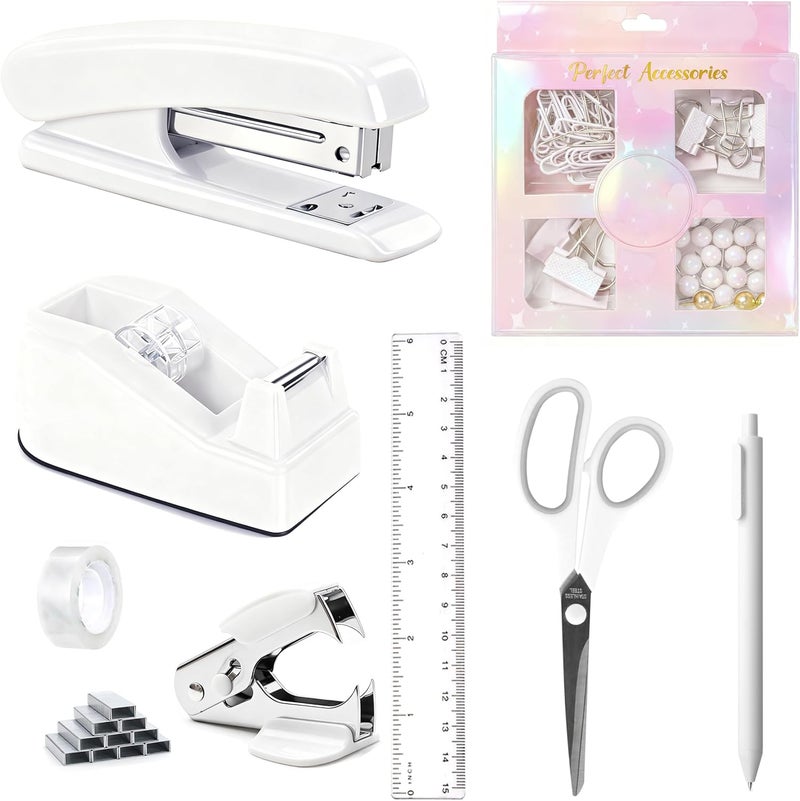 Dimonluce Office Desk Accessories, White Office Supplies Accessories with Tape Dispenser, Stapler, Staple Remover, 1000 Staples, Tape, Clips Set, Ruler, Scissor, Pen - Image 1